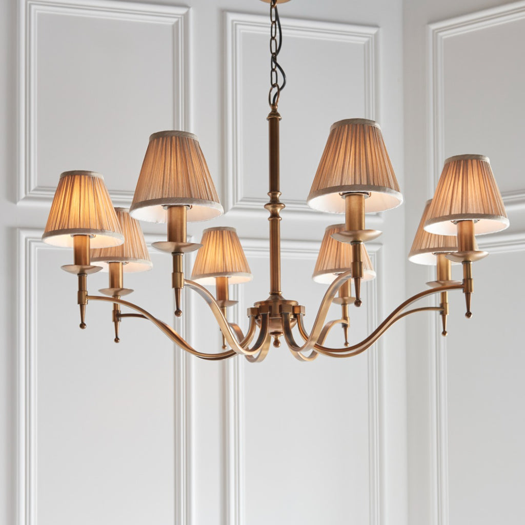 Interiors 1900 Stanford 8 Light Pendant Light in Antique Brass with Beige Shade