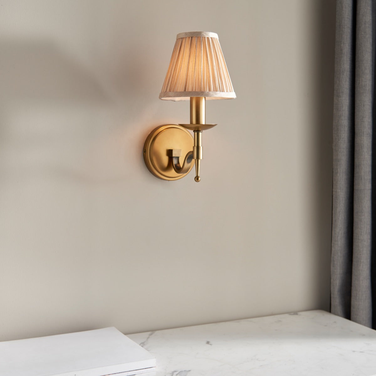 Interiors 1900 Stanford Wall Light in Antique Brass with Beige Shade