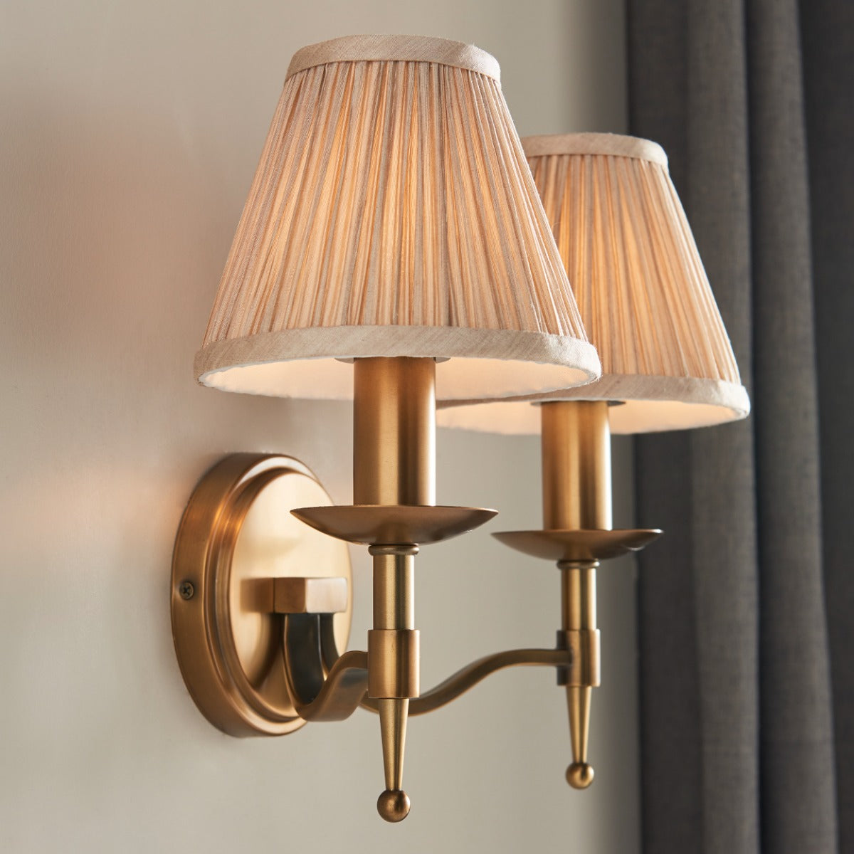 Interiors 1900 Stanford 2 Light Wall Light in Antique Brass with Beige Shade