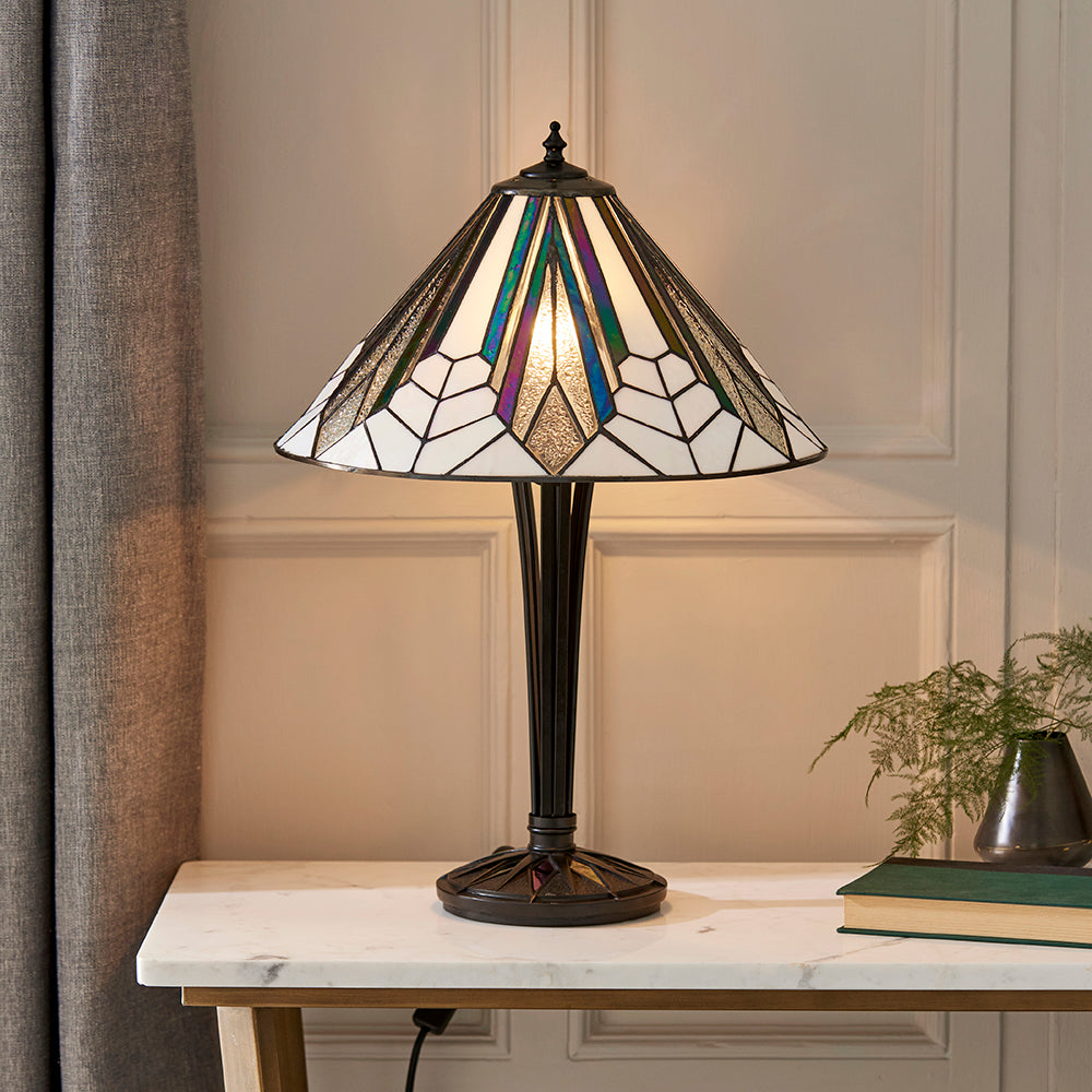 Interiors 1900 Astoria Tiffany 2 Light Table Lamp in Black with Iridised Glass Inserts