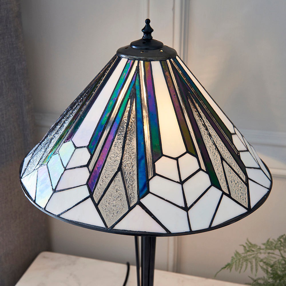 Interiors 1900 Astoria Tiffany 2 Light Table Lamp in Black with Iridised Glass Inserts