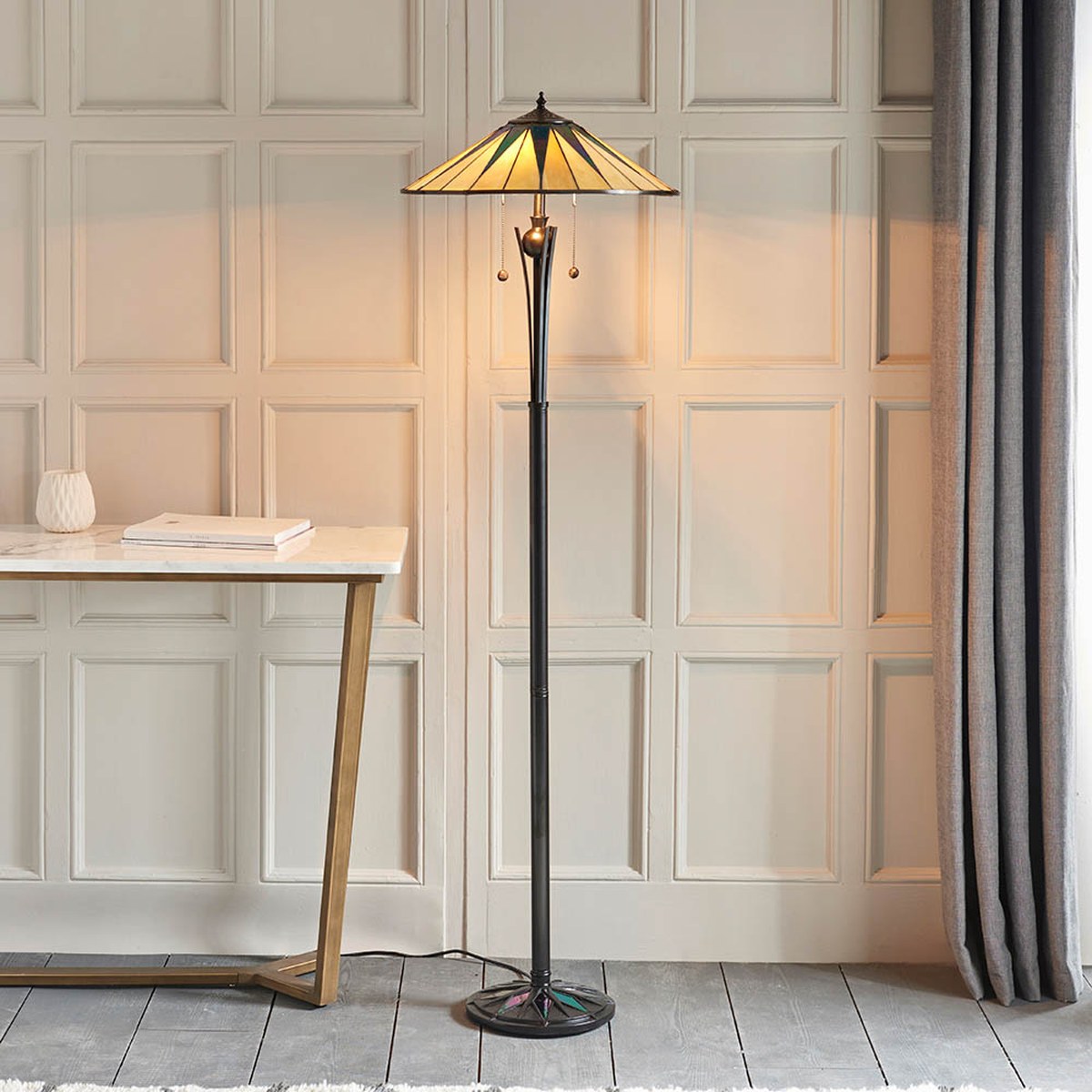 Interiors 1900 Dark Star 2 Light Tiffany Floor Lamp in Black