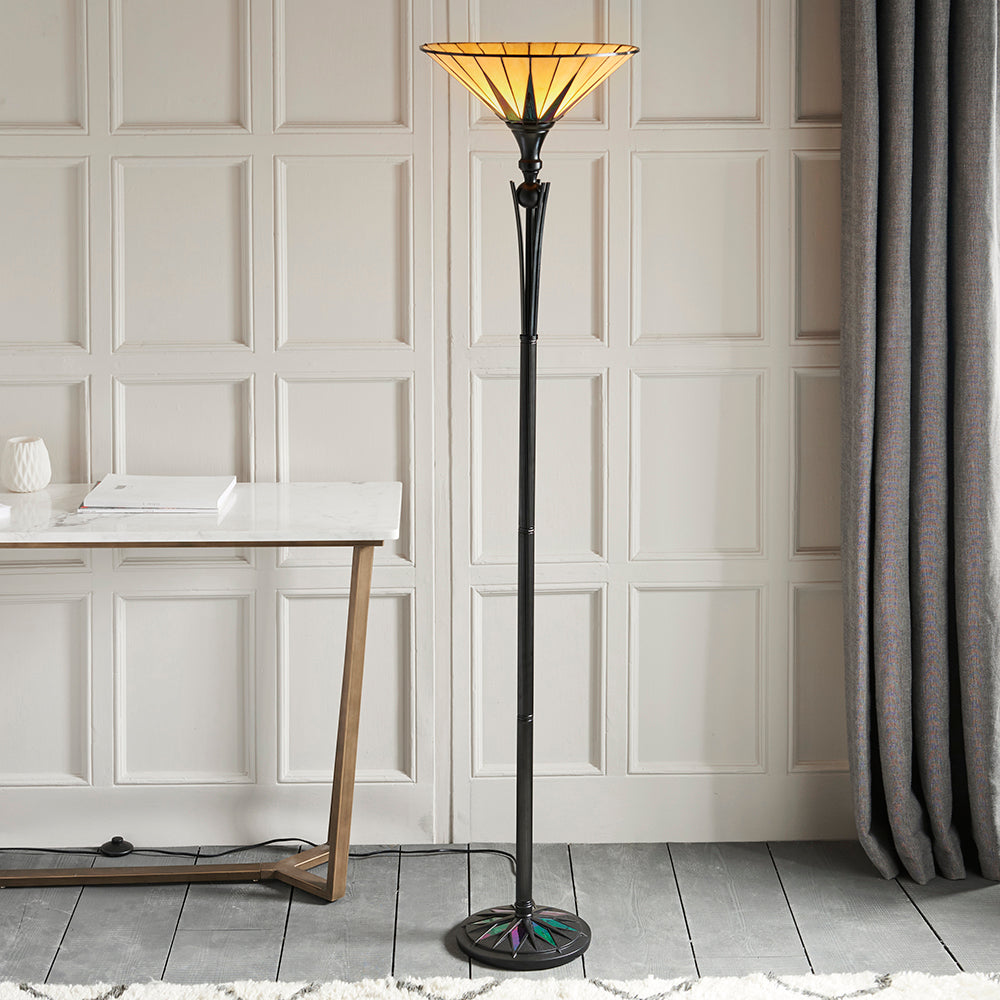 Interiors 1900 Dark Star Tiffany Uplighter Floor Lamp in Black with Iridised Glass Inserts