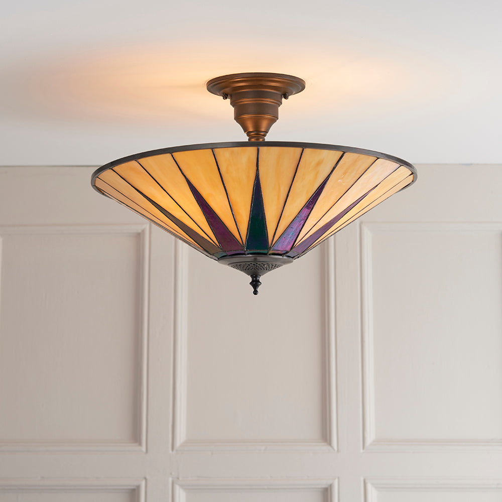 Interiors 1900 Dark Star 3 Light Tiffany Semi Flush Ceiling Light in Satin Black