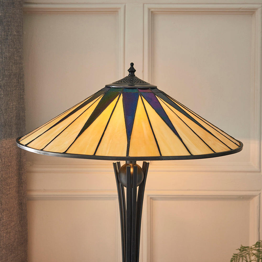 Interiors 1900 Dark Star 2 Light Tiffany Table Lamp in Black with Iridised Glass Inserts