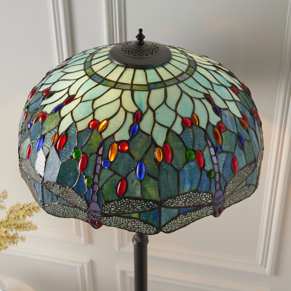 Interiors 1900 Dragonfly 2 Light Tiffany Floor Lamp in Satin Black & Blue Glass