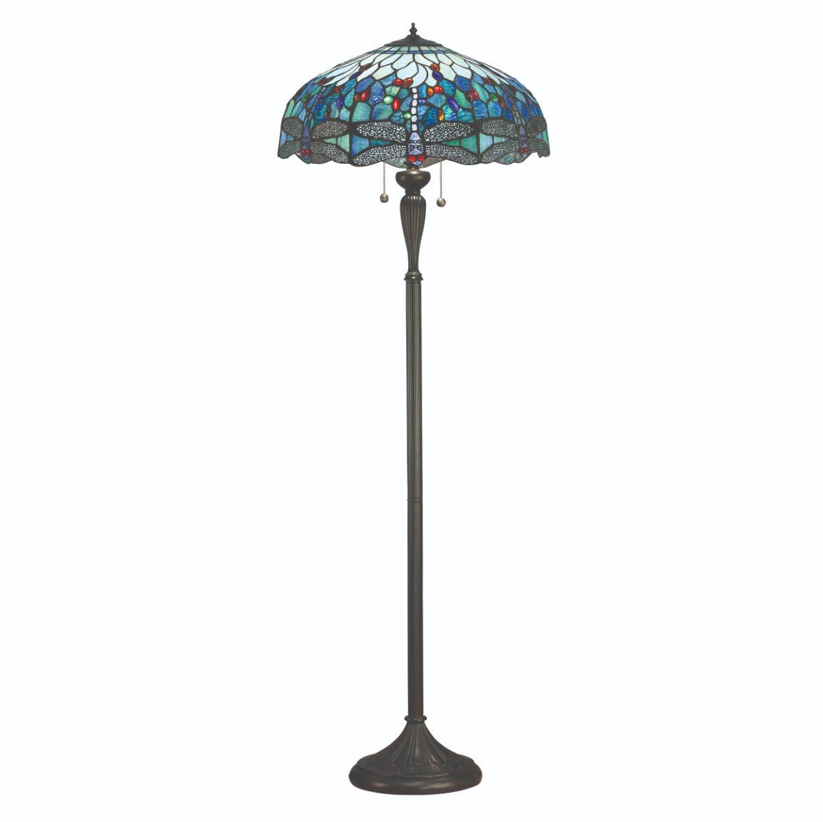 Interiors 1900 Dragonfly 2 Light Tiffany Floor Lamp in Satin Black & Blue Glass