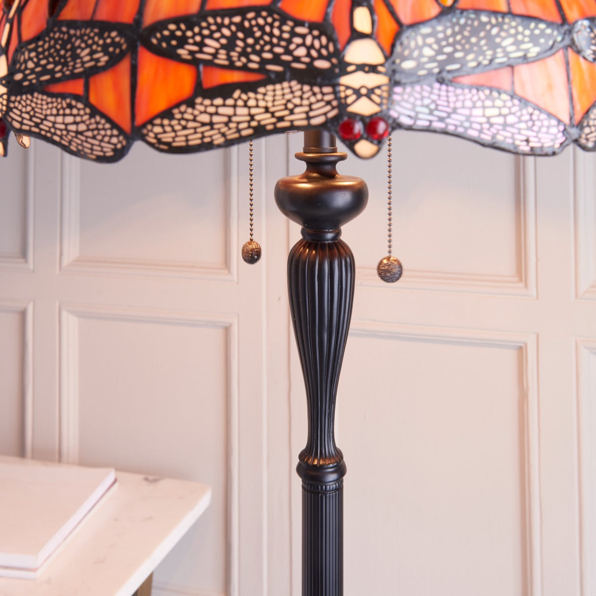 Interiors 1900 Dragonfly 2 Light Tiffany Floor Lamp in Satin Black & Flame Glass