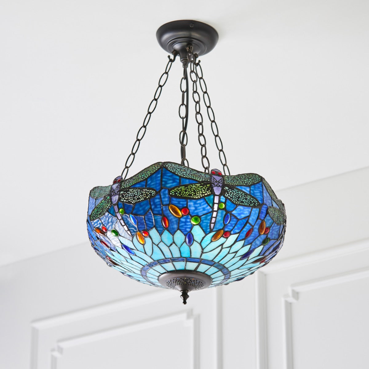 Interiors 1900 Dragonfly Medium Inverted 3 Light Tiffany Pendant Light in Satin Black & Blue Glass