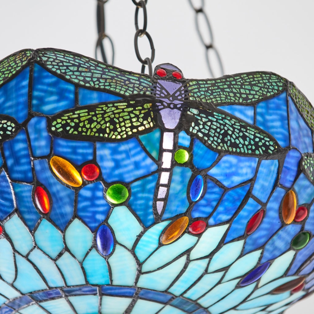 Interiors 1900 Dragonfly Medium Inverted 3 Light Tiffany Pendant Light in Satin Black & Blue Glass