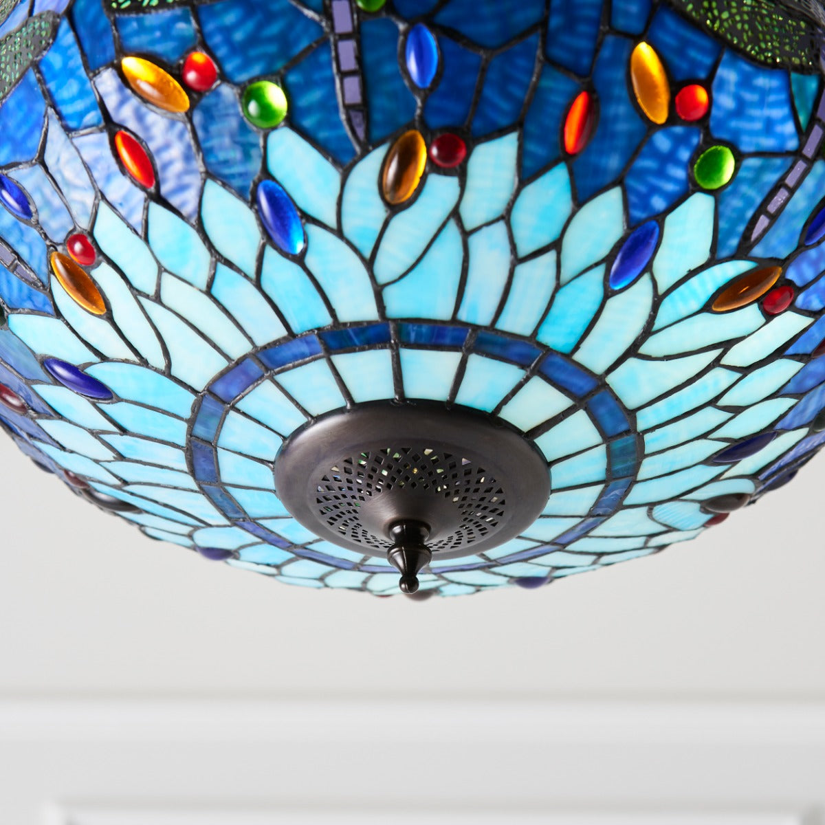 Interiors 1900 Dragonfly Medium Inverted 3 Light Tiffany Pendant Light in Satin Black & Blue Glass