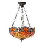 Interiors 1900 Dragonfly Medium 3 Light Inverted Tiffany Pendant Light in Satin Black with Flame Glass