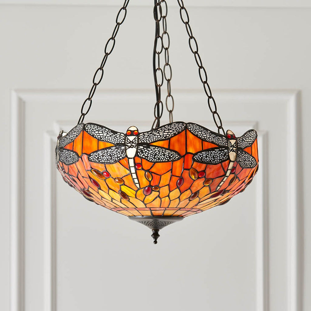 Interiors 1900 Dragonfly Medium 3 Light Inverted Tiffany Pendant Light in Satin Black with Flame Glass