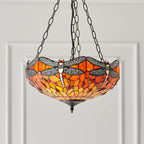Interiors 1900 Dragonfly Medium 3 Light Inverted Tiffany Pendant Light in Satin Black with Flame Glass