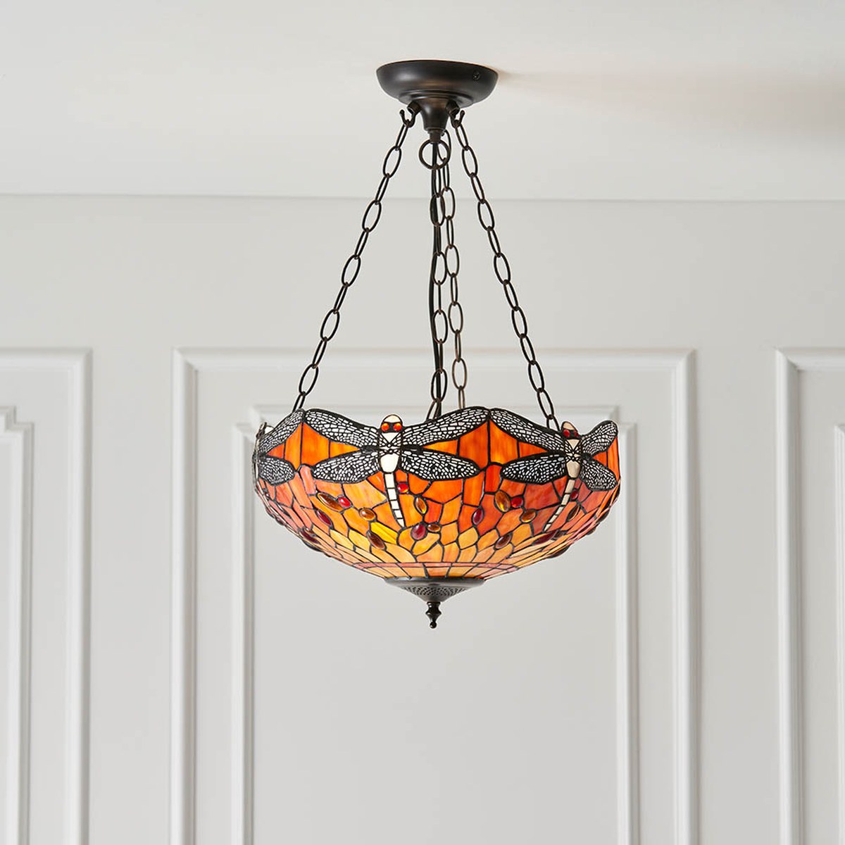 Interiors 1900 Dragonfly Medium 3 Light Inverted Tiffany Pendant Light in Satin Black with Flame Glass