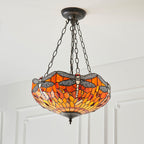 Interiors 1900 Dragonfly Medium 3 Light Inverted Tiffany Pendant Light in Satin Black with Flame Glass
