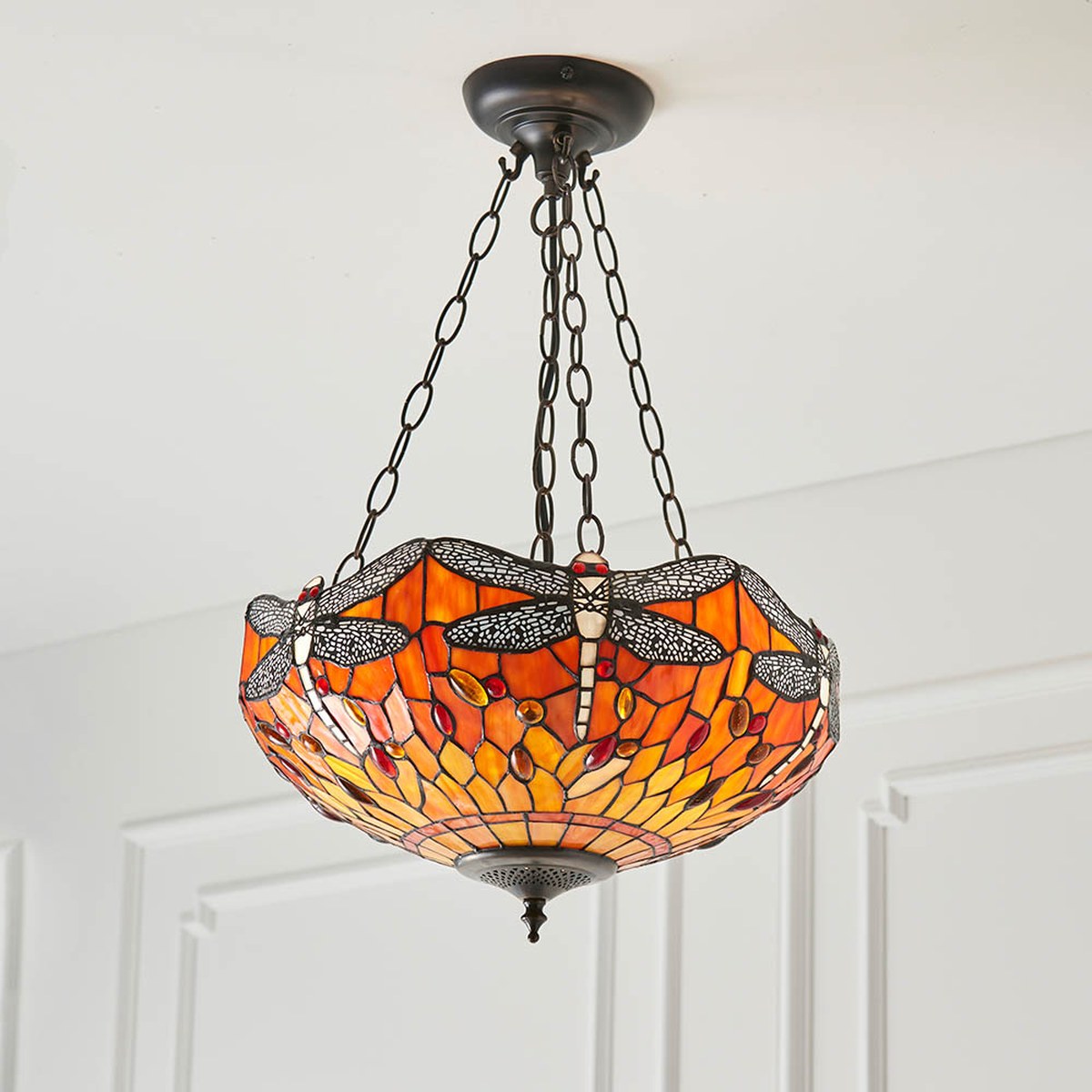 Interiors 1900 Dragonfly Medium 3 Light Inverted Tiffany Pendant Light in Satin Black with Flame Glass