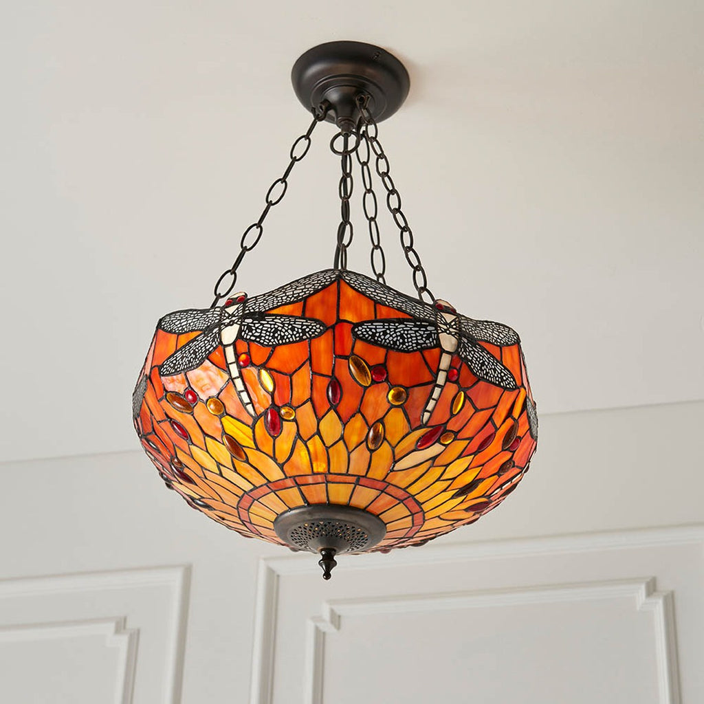 Interiors 1900 Dragonfly Medium 3 Light Inverted Tiffany Pendant Light in Satin Black with Flame Glass