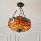 Interiors 1900 Dragonfly Medium 3 Light Inverted Tiffany Pendant Light in Satin Black with Flame Glass