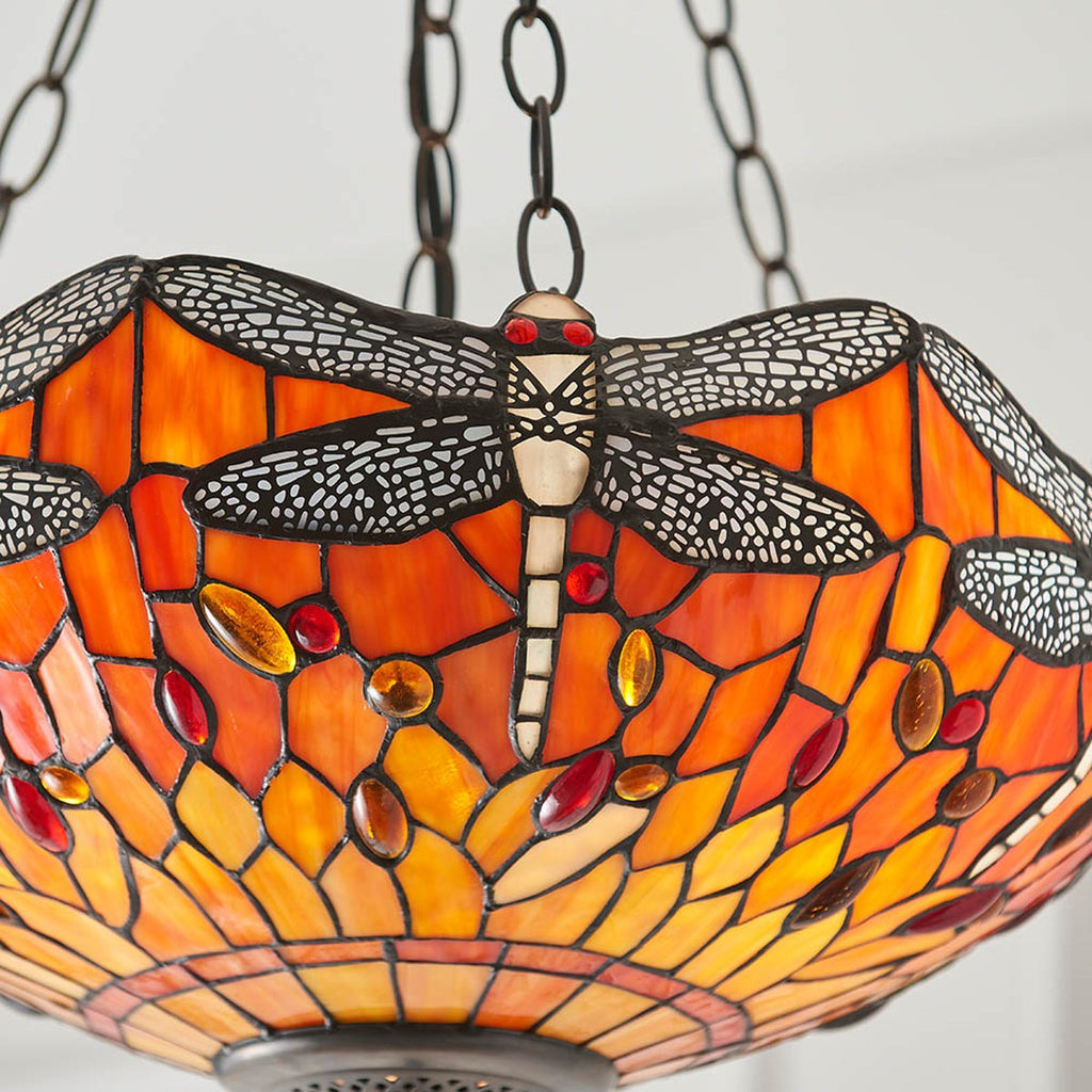 Interiors 1900 Dragonfly Medium 3 Light Inverted Tiffany Pendant Light in Satin Black with Flame Glass