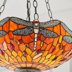 Interiors 1900 Dragonfly Medium 3 Light Inverted Tiffany Pendant Light in Satin Black with Flame Glass