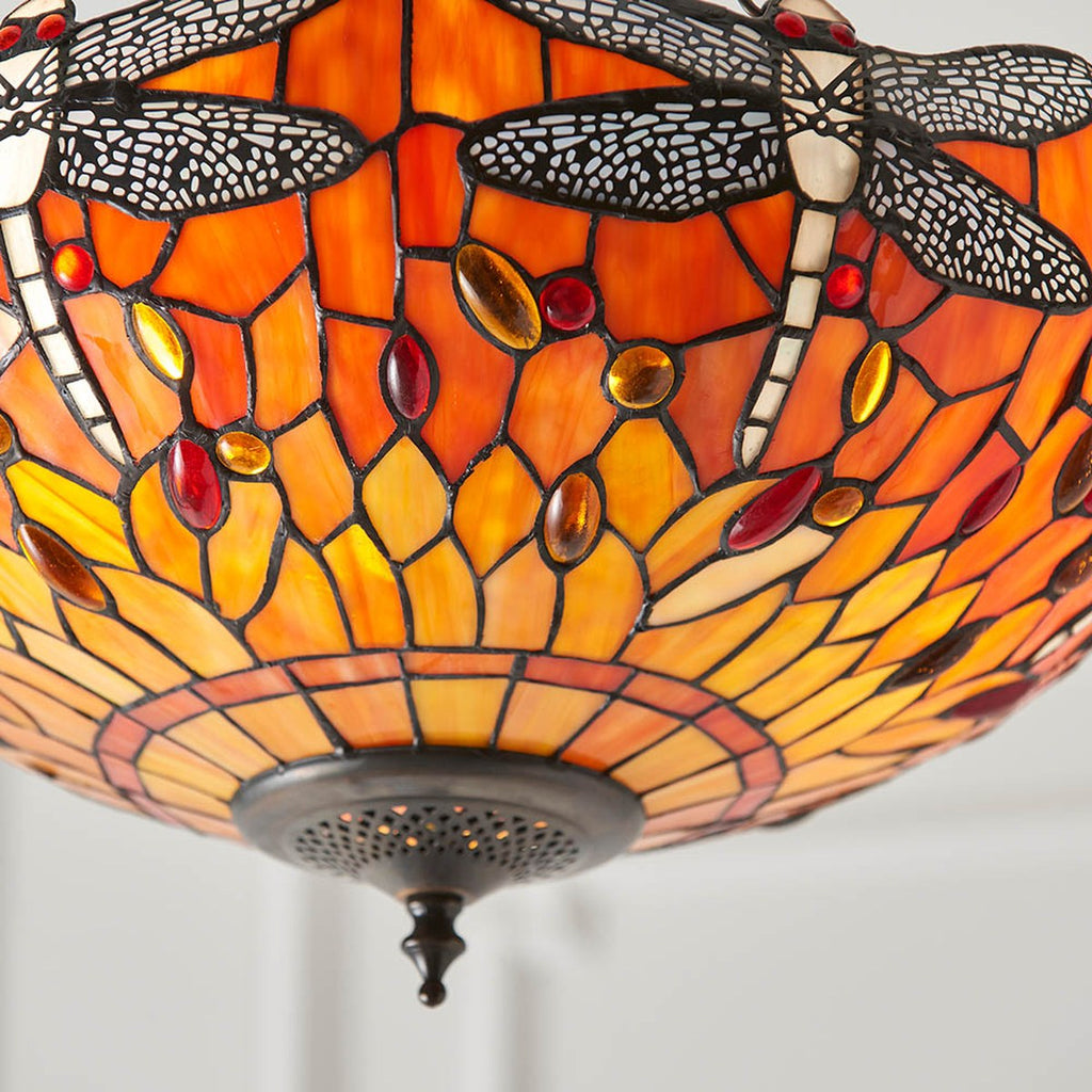 Interiors 1900 Dragonfly Medium 3 Light Inverted Tiffany Pendant Light in Satin Black with Flame Glass