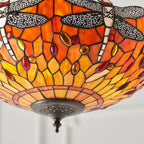 Interiors 1900 Dragonfly Medium 3 Light Inverted Tiffany Pendant Light in Satin Black with Flame Glass