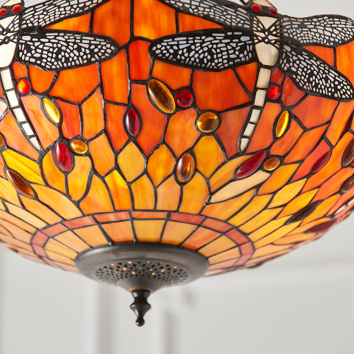 Interiors 1900 Dragonfly Medium 3 Light Inverted Tiffany Pendant Light in Satin Black with Flame Glass