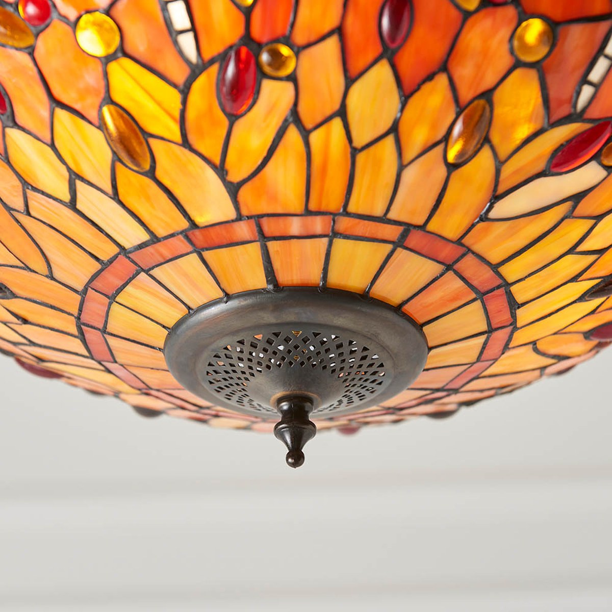 Interiors 1900 Dragonfly Medium 3 Light Inverted Tiffany Pendant Light in Satin Black with Flame Glass