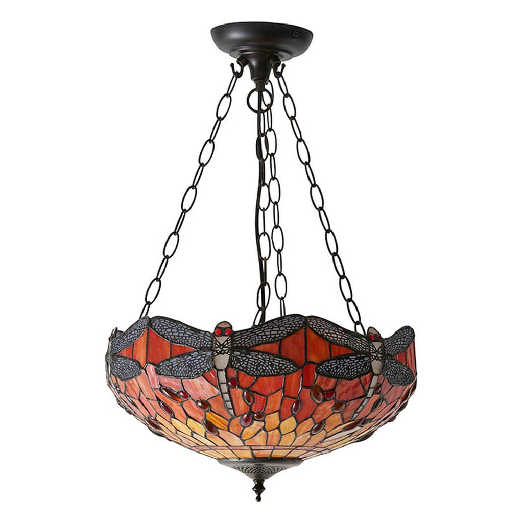 Interiors 1900 Dragonfly Medium 3 Light Inverted Tiffany Pendant Light in Satin Black with Flame Glass