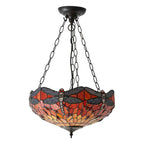 Interiors 1900 Dragonfly Medium 3 Light Inverted Tiffany Pendant Light in Satin Black with Flame Glass