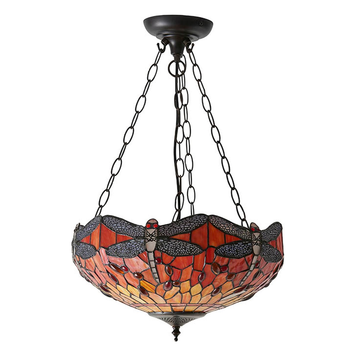 Interiors 1900 Dragonfly Medium 3 Light Inverted Tiffany Pendant Light in Satin Black with Flame Glass