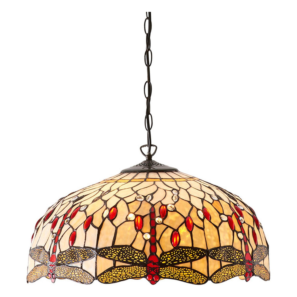 Interiors 1900 Dragonfly Large 3 Light Tiffany Pendant Light in Satin Black with Beige Glass