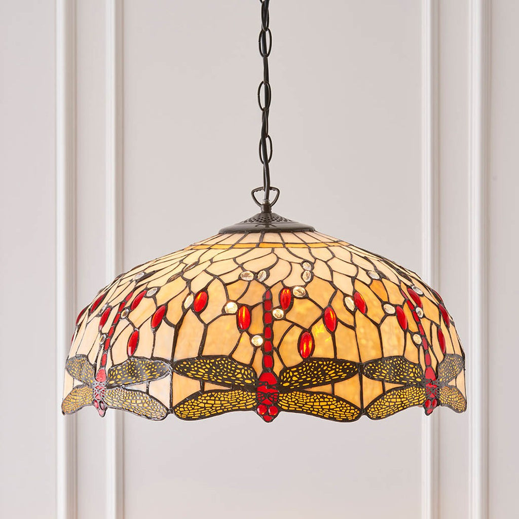 Interiors 1900 Dragonfly Large 3 Light Tiffany Pendant Light in Satin Black with Beige Glass