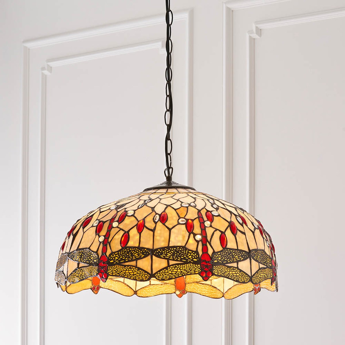 Interiors 1900 Dragonfly Large 3 Light Tiffany Pendant Light in Satin Black with Beige Glass