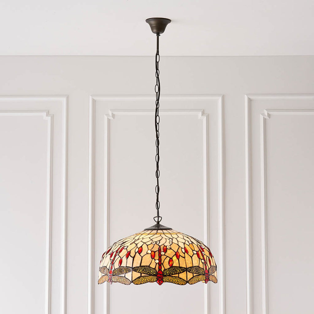 Interiors 1900 Dragonfly Large 3 Light Tiffany Pendant Light in Satin Black with Beige Glass