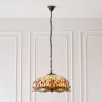 Interiors 1900 Dragonfly Large 3 Light Tiffany Pendant Light in Satin Black with Beige Glass
