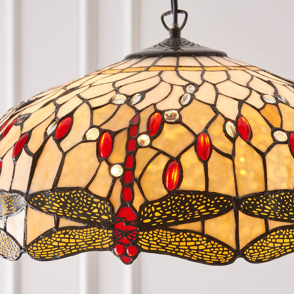 Interiors 1900 Dragonfly Large 3 Light Tiffany Pendant Light in Satin Black with Beige Glass