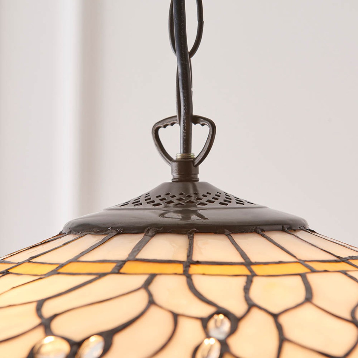 Interiors 1900 Dragonfly Large 3 Light Tiffany Pendant Light in Satin Black with Beige Glass