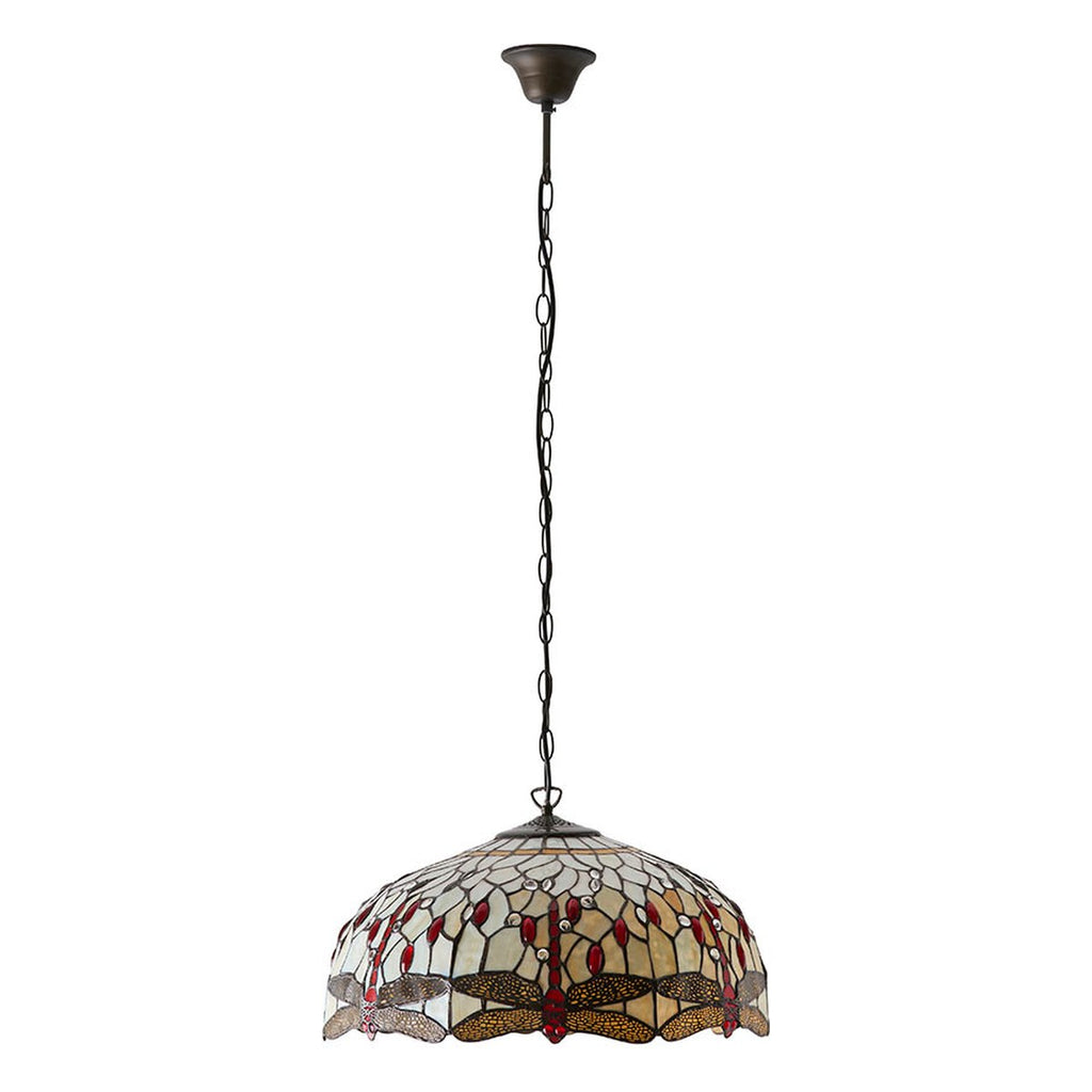 Interiors 1900 Dragonfly Large 3 Light Tiffany Pendant Light in Satin Black with Beige Glass