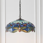 Interiors 1900 Dragonfly Medium 3 Light Tiffany Pendant Light in Satin Black & Blue Glass