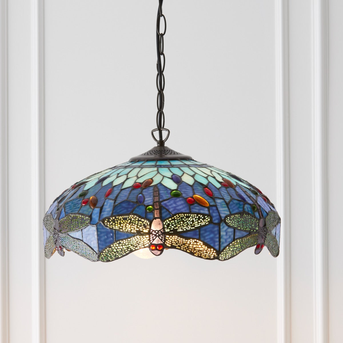Interiors 1900 Dragonfly Medium 3 Light Tiffany Pendant Light in Satin Black & Blue Glass