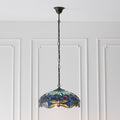 Interiors 1900 Dragonfly Medium 3 Light Tiffany Pendant Light in Satin Black & Blue Glass