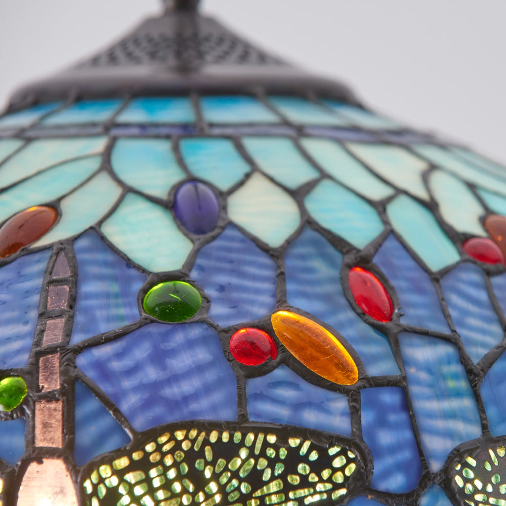 Interiors 1900 Dragonfly Medium 3 Light Tiffany Pendant Light in Satin Black & Blue Glass