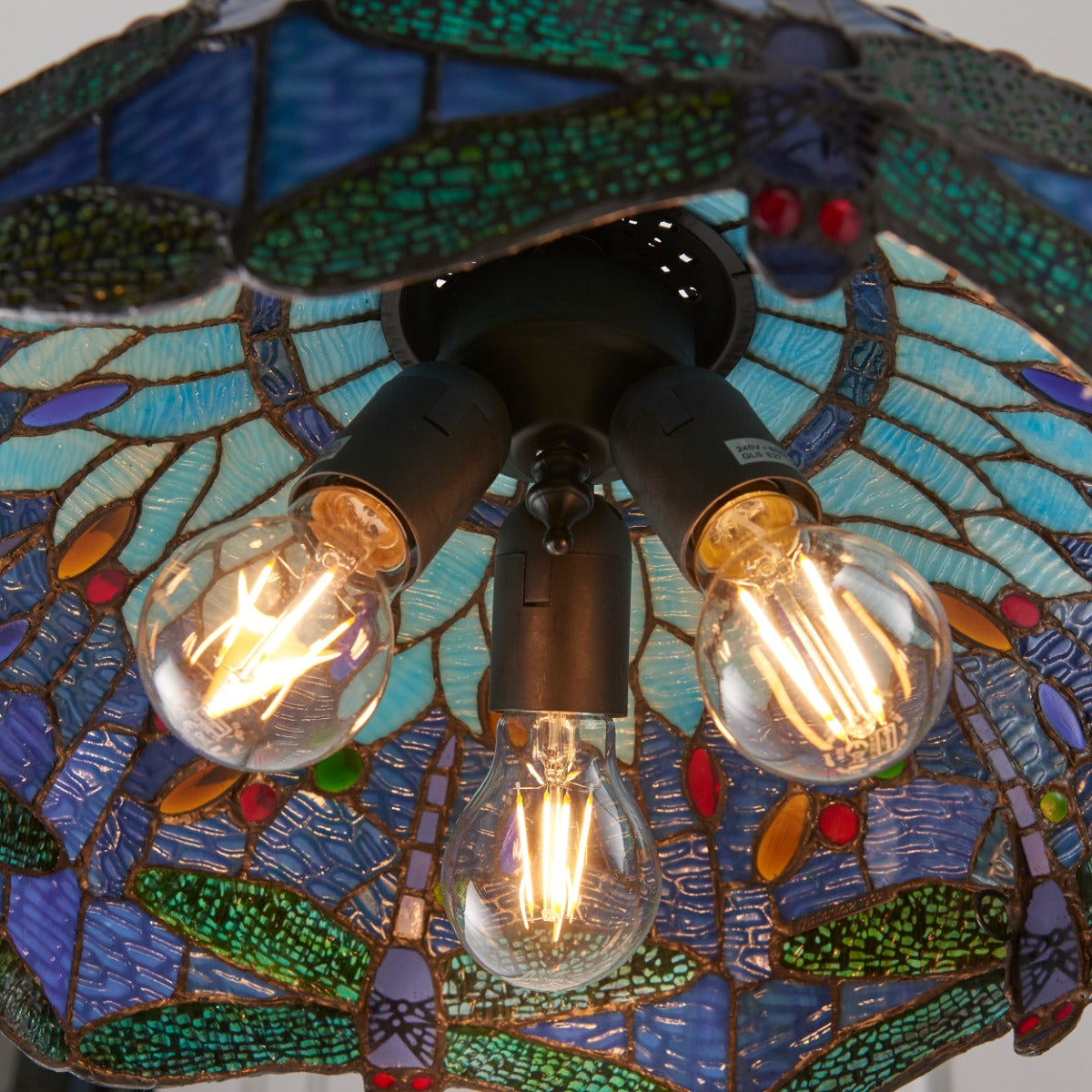 Interiors 1900 Dragonfly Medium 3 Light Tiffany Pendant Light in Satin Black & Blue Glass