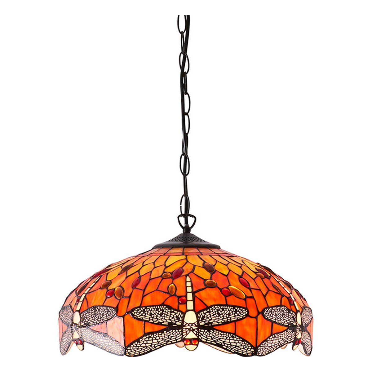 Interiors 1900 Dragonfly Medium 3 Light Tiffany Pendant Light in Satin Black with Flame Glass