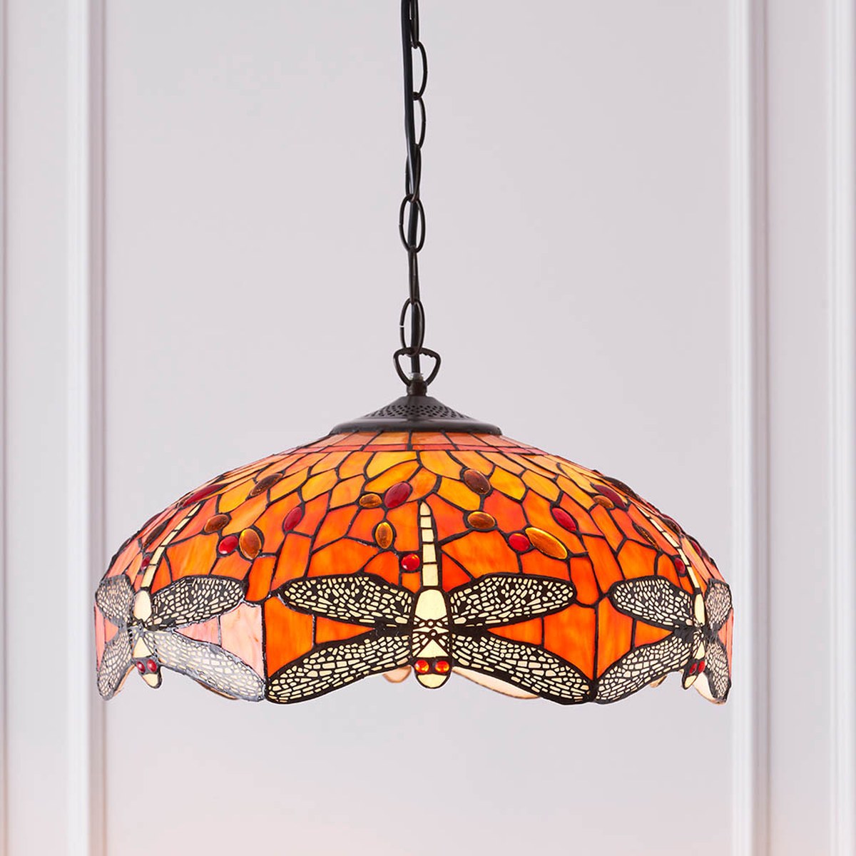 Interiors 1900 Dragonfly Medium 3 Light Tiffany Pendant Light in Satin Black with Flame Glass