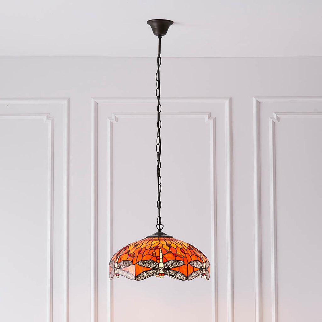 Interiors 1900 Dragonfly Medium 3 Light Tiffany Pendant Light in Satin Black with Flame Glass