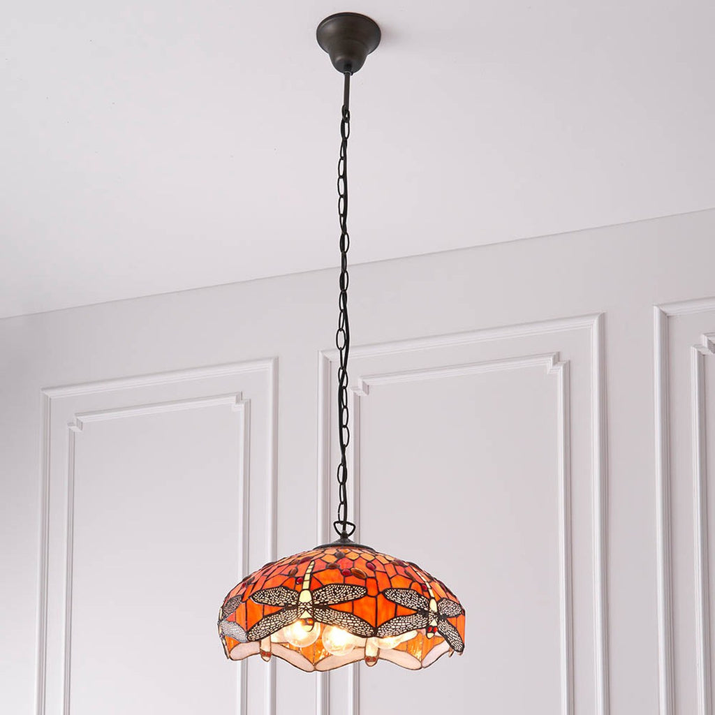 Interiors 1900 Dragonfly Medium 3 Light Tiffany Pendant Light in Satin Black with Flame Glass