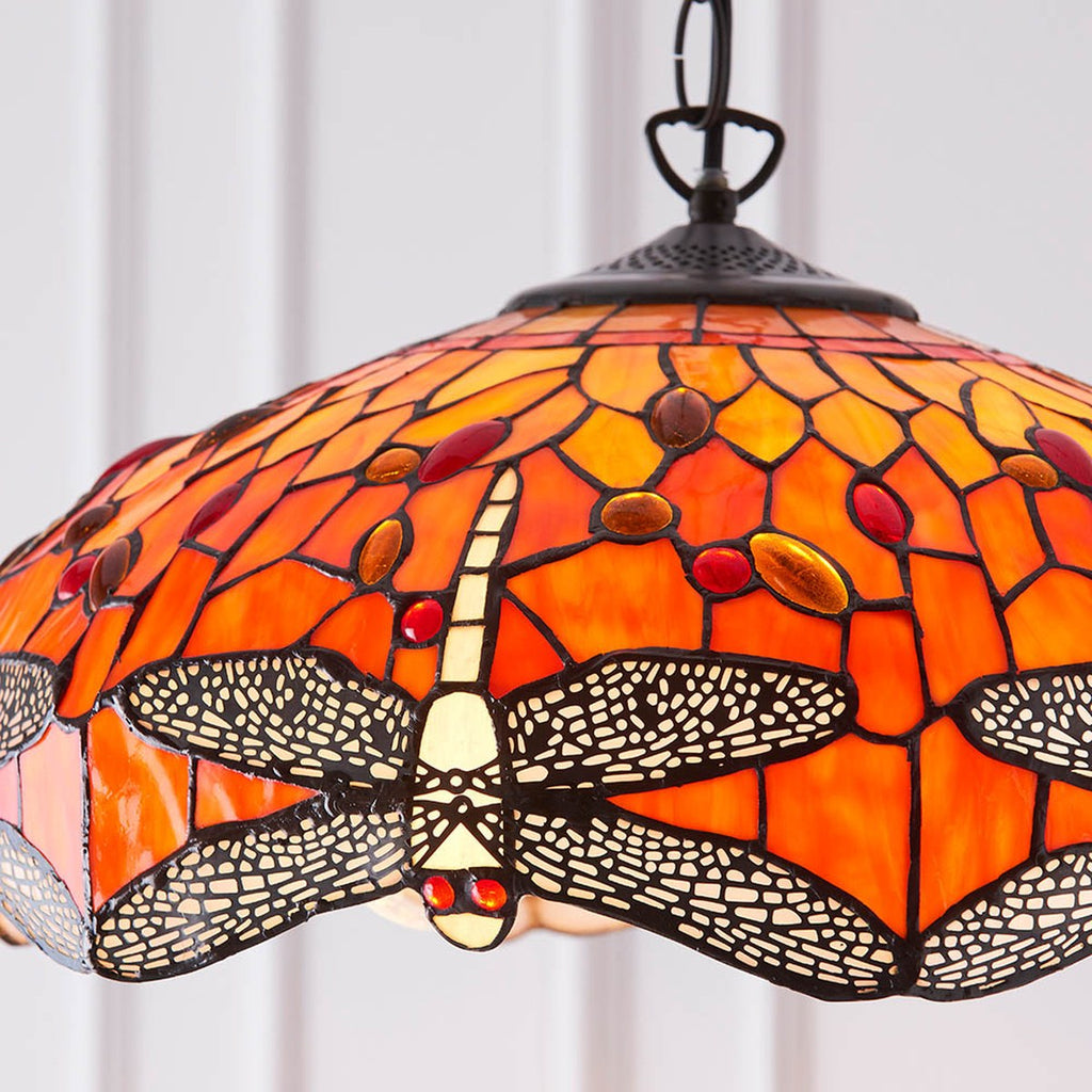 Interiors 1900 Dragonfly Medium 3 Light Tiffany Pendant Light in Satin Black with Flame Glass